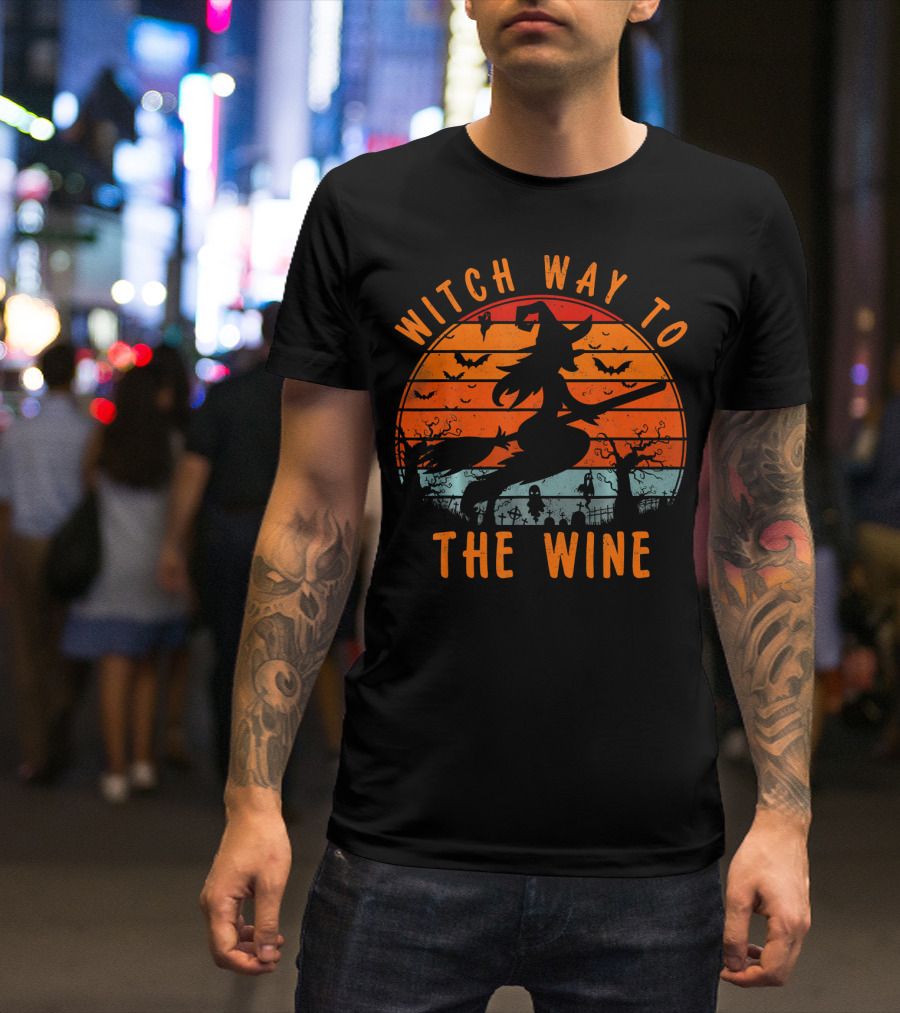 Witch Way To The Wine Halloween Spooky Bats Sunset T-Shirt