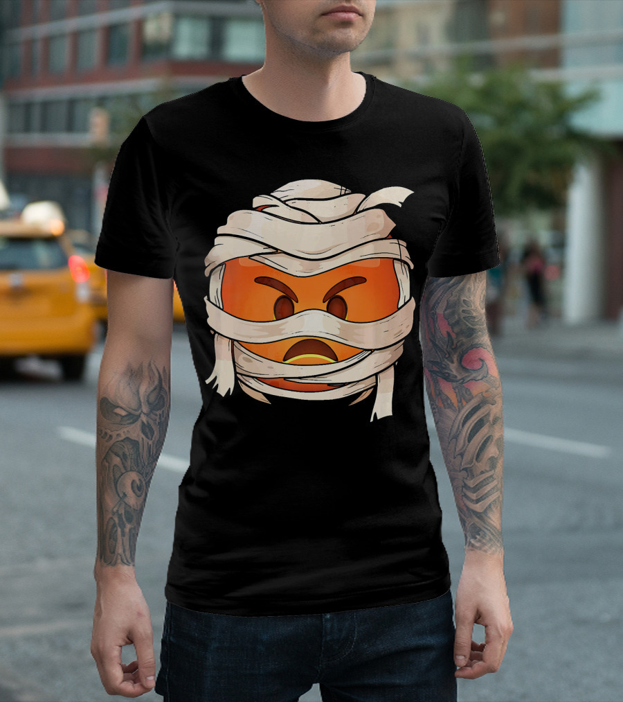 Pouting Face Mummy Emoji Halloween Wrapped in Bandages T-Shirt