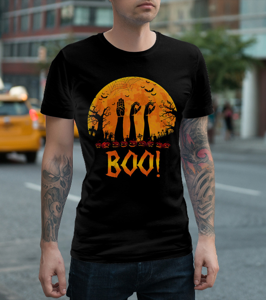 BOO ASL Sign Language with Zombie Hands and Spooky Halloween Moon T-Shirt