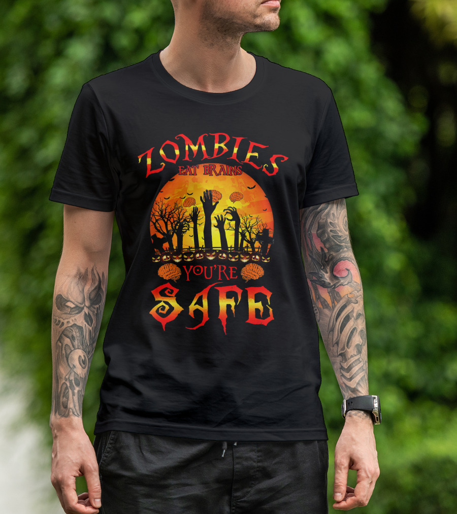 Zombies Eat Brains You're Safe Halloween Rising Hands And Brains Silhouette Sunset T-Shirt