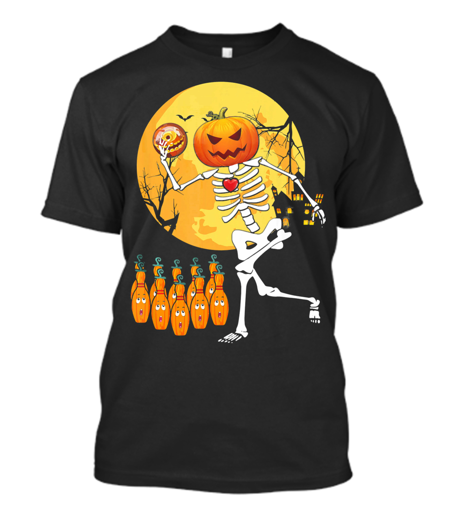 Funny Pumpkin-Headed Bowling Skeleton Halloween Dance T-Shirt