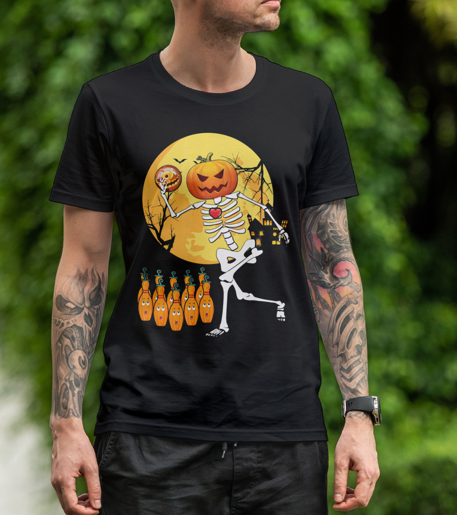 Funny Pumpkin-Headed Bowling Skeleton Halloween Dance T-Shirt