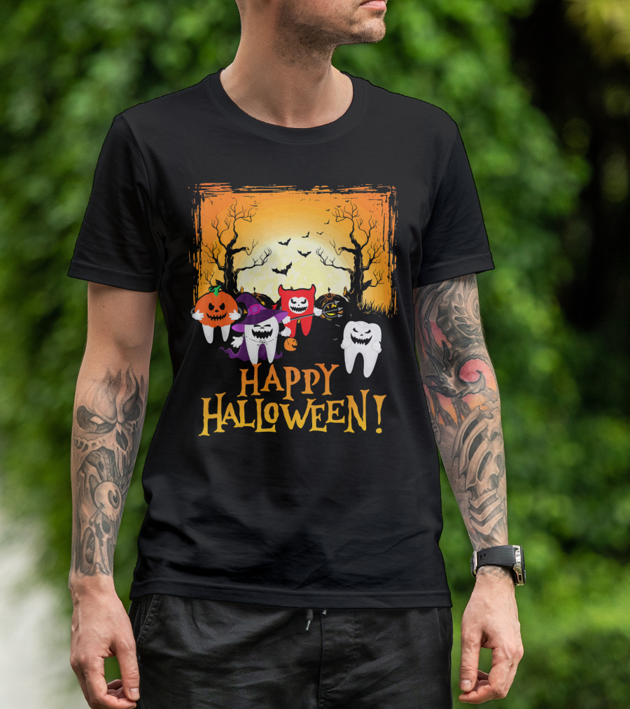 Happy Halloween Funny Teeth And Pumpkins T-Shirt