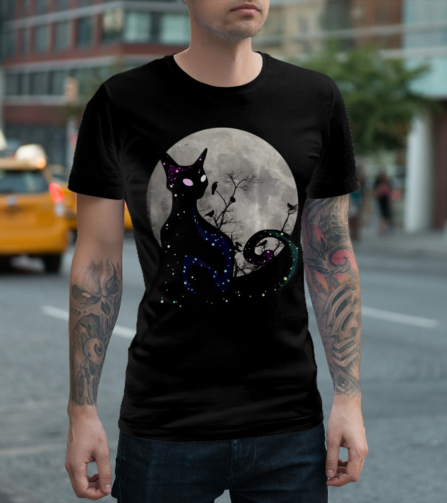 Halloween Cat Scary Black Cat Gothic Full Moon Night Sky T-Shirt
