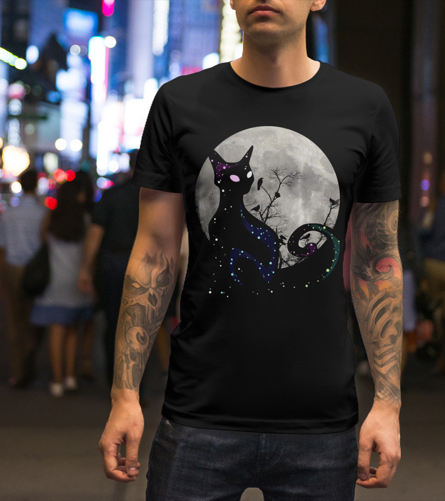 Halloween Cat Scary Black Cat Gothic Full Moon Night Sky T-Shirt