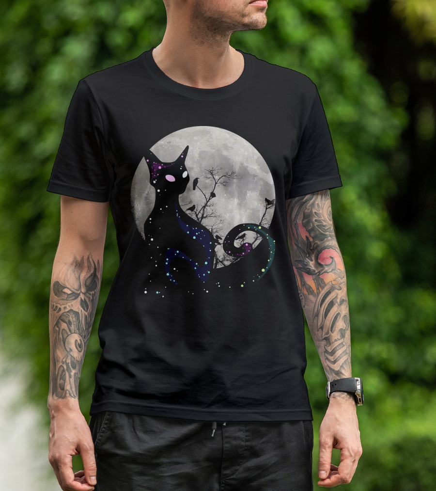 Halloween Cat Scary Black Cat Gothic Full Moon Night Sky T-Shirt