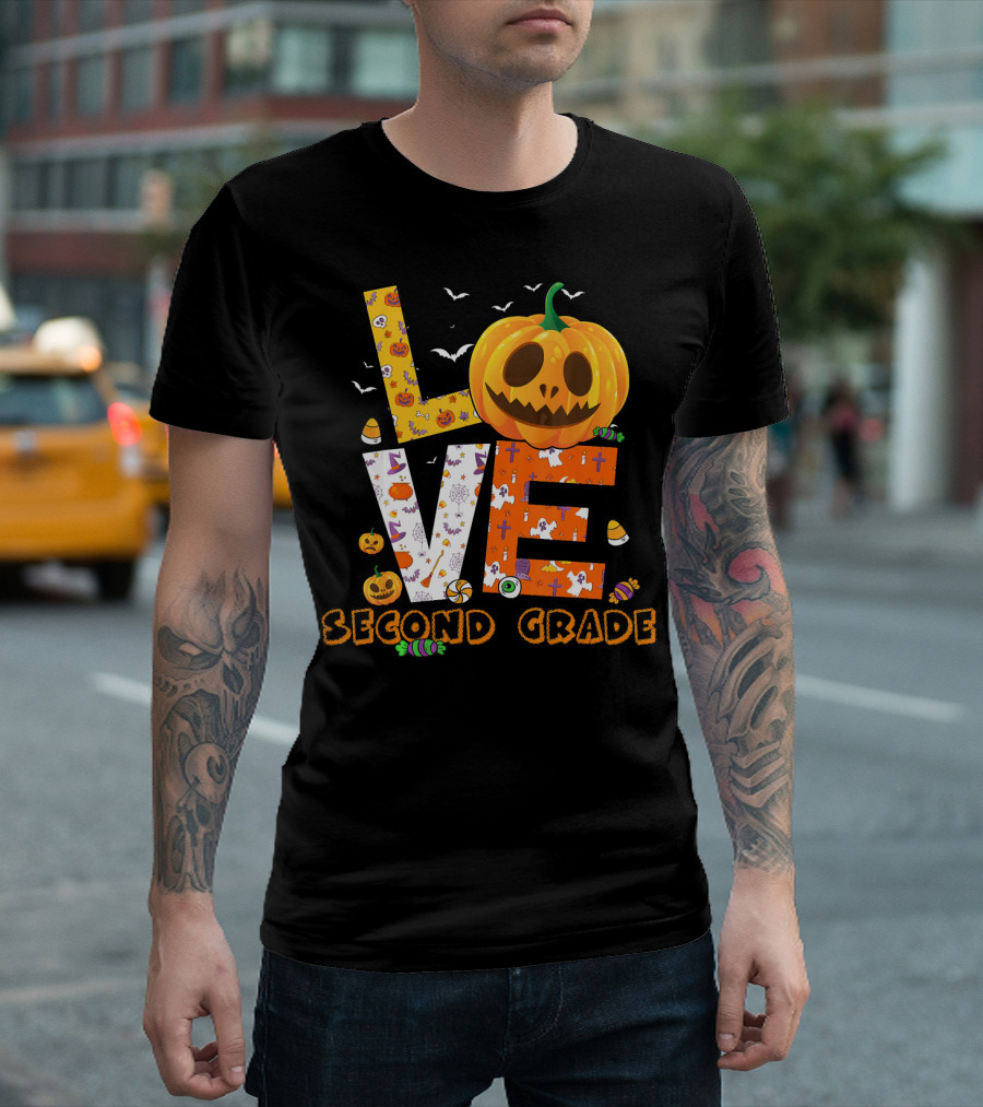 Love Second Grade Funny Halloween Pumpkin Kids T-Shirt