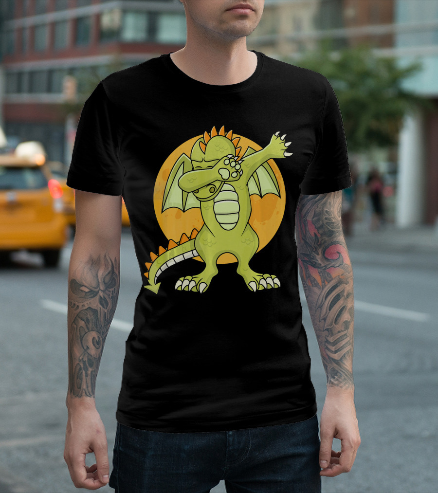 Halloween Dabbing Dragon with Orange Moon Background T-Shirt
