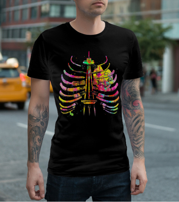 Colorful Seattle Space Needle Skeleton Ribcage Halloween T-Shirt