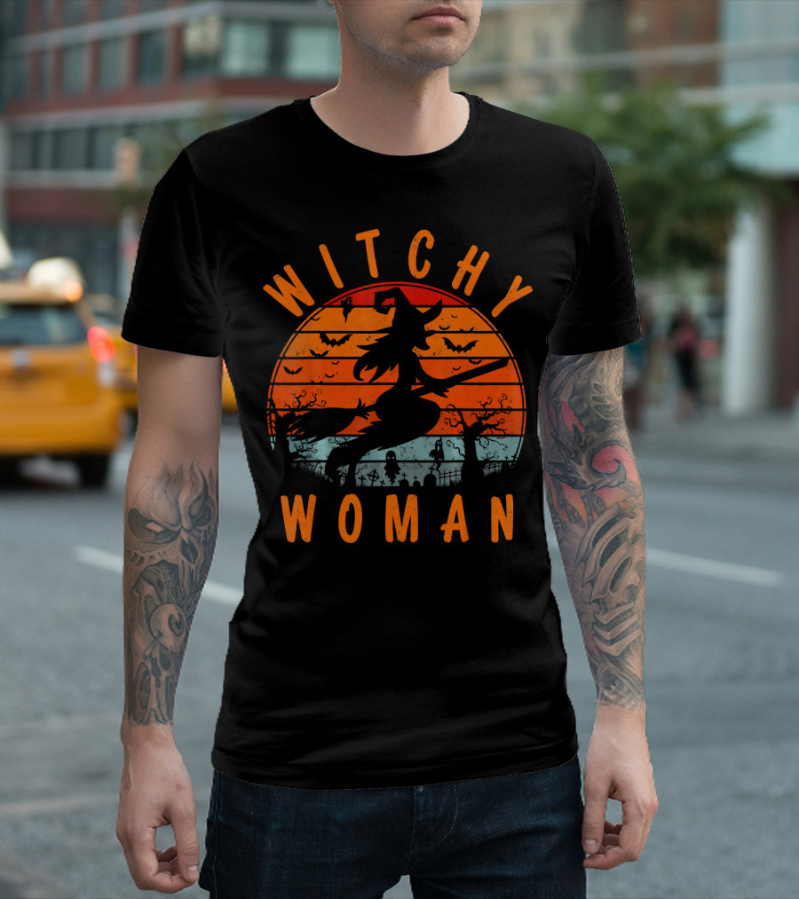 Witchy Woman Flying on Broomstick with Spooky Halloween Sunset Background T-Shirt