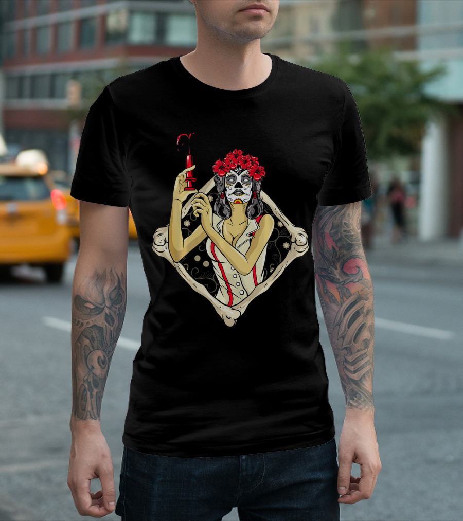 Halloween Nurse Day of the Dead Dia de los Muertos Skeleton Syringe Flower Crown T-Shirt