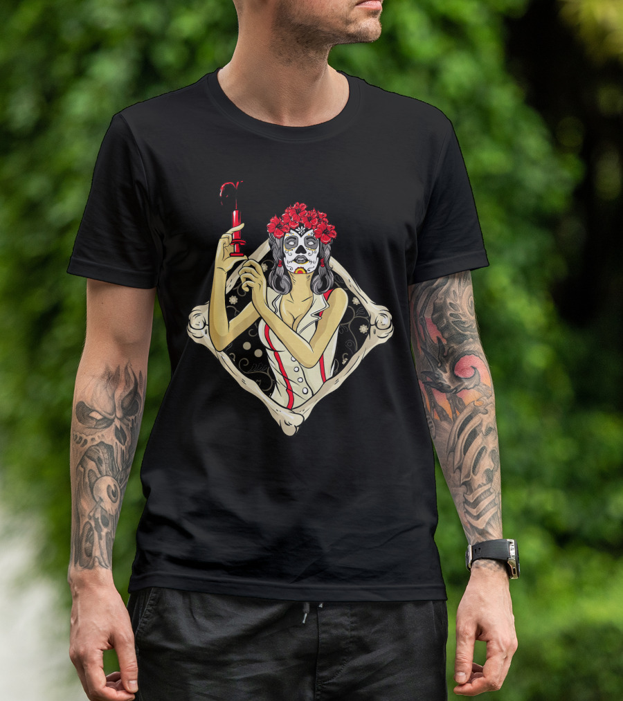 Halloween Nurse Day Of The Dead Dia De Los Muertos Skeleton Syringe Flower Crown T-Shirt
