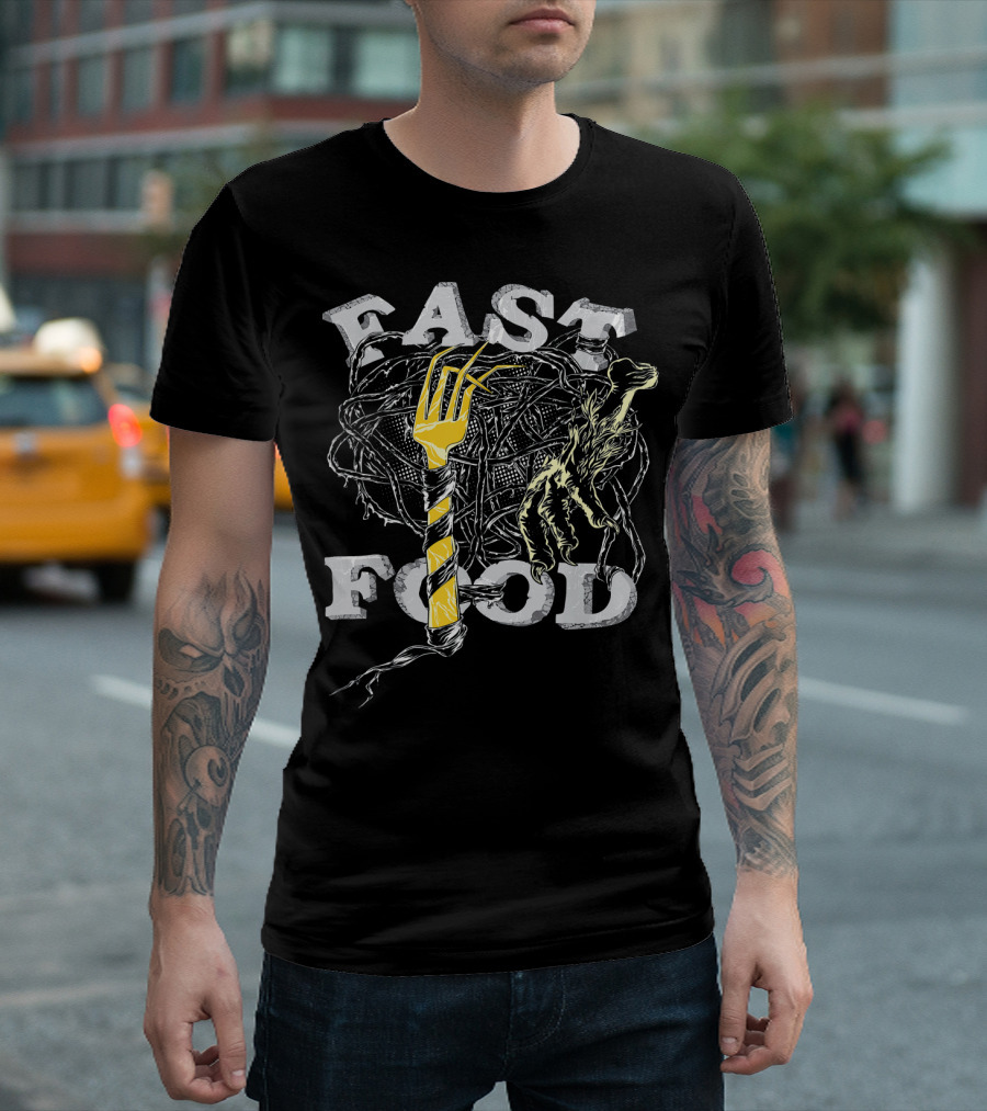 Fast Food Zombie Brains Fork and Hand Horror T-Shirt
