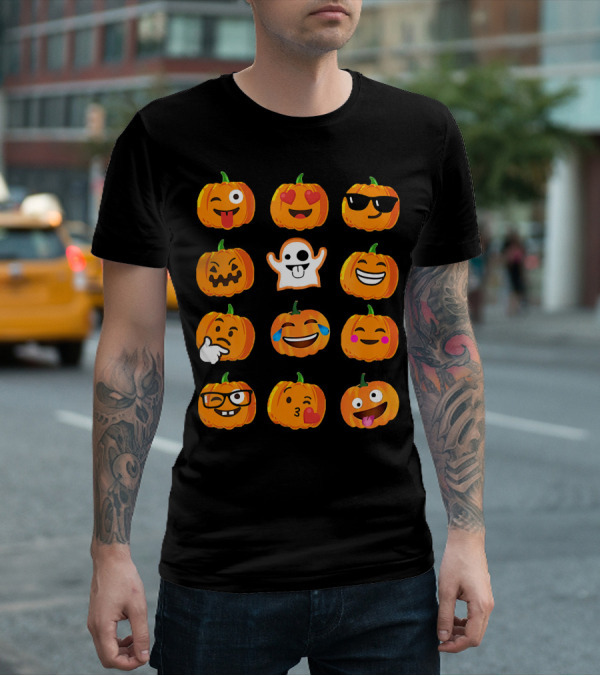 Emoji Faces Pumpkins And Ghost Halloween T-Shirt