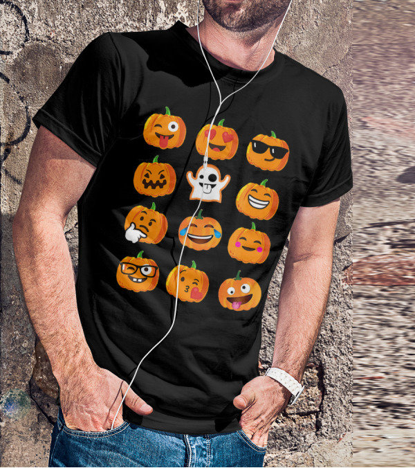 Emoji Faces Pumpkins And Ghost Halloween T-Shirt