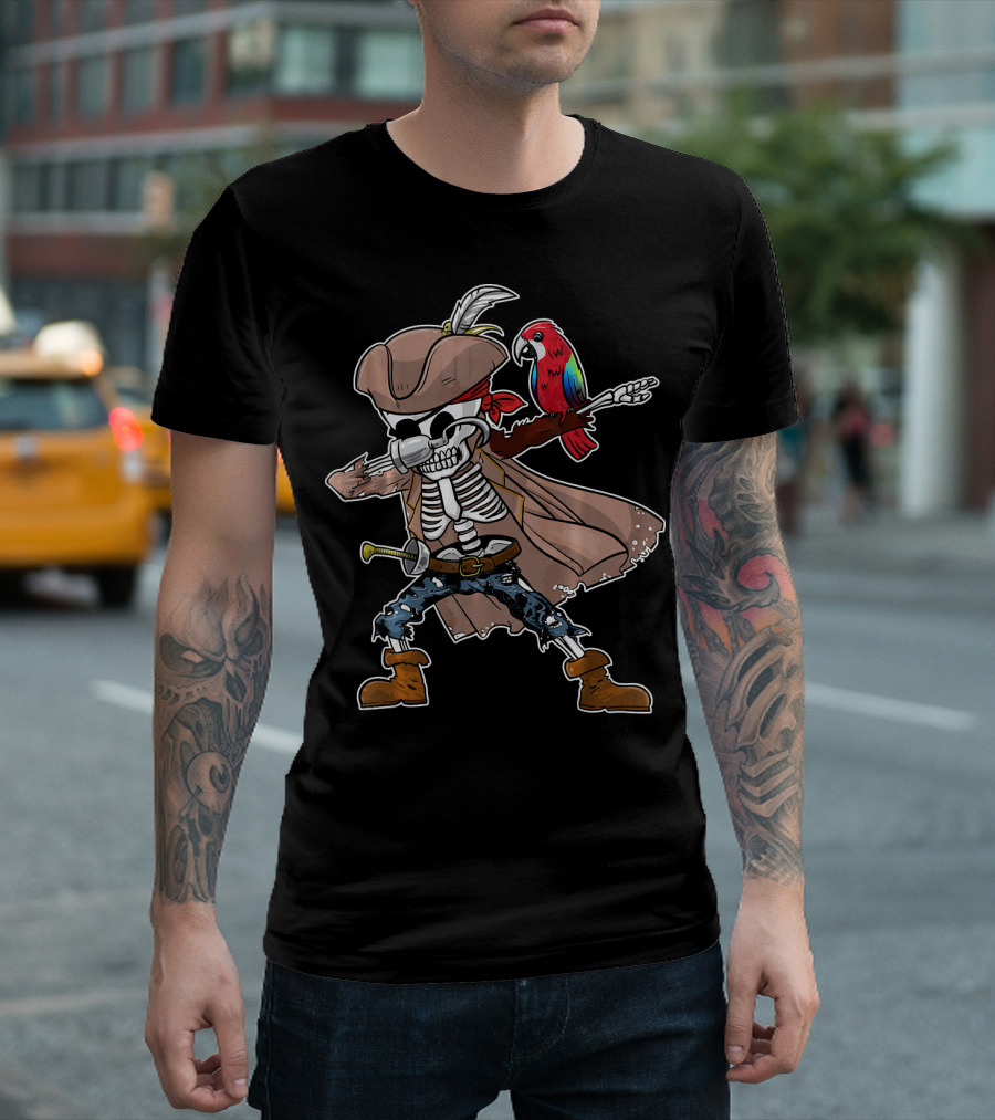 Skeleton Pirate Dabbing with Parrot and Sword T-Shirt