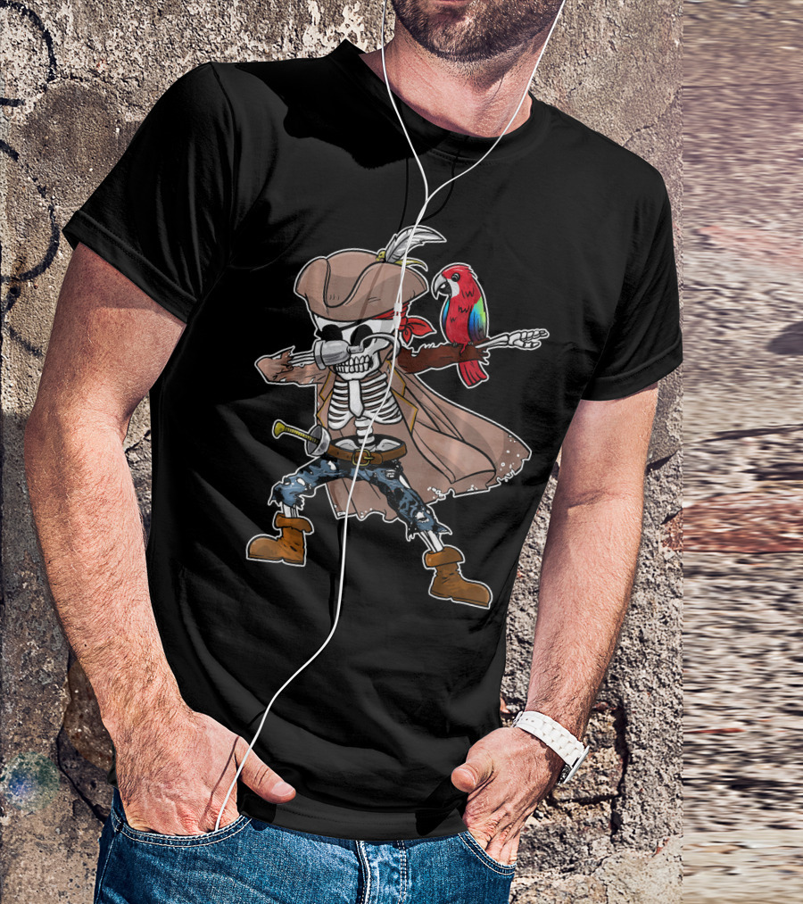 Skeleton Pirate Dabbing With Parrot And Sword T-Shirt