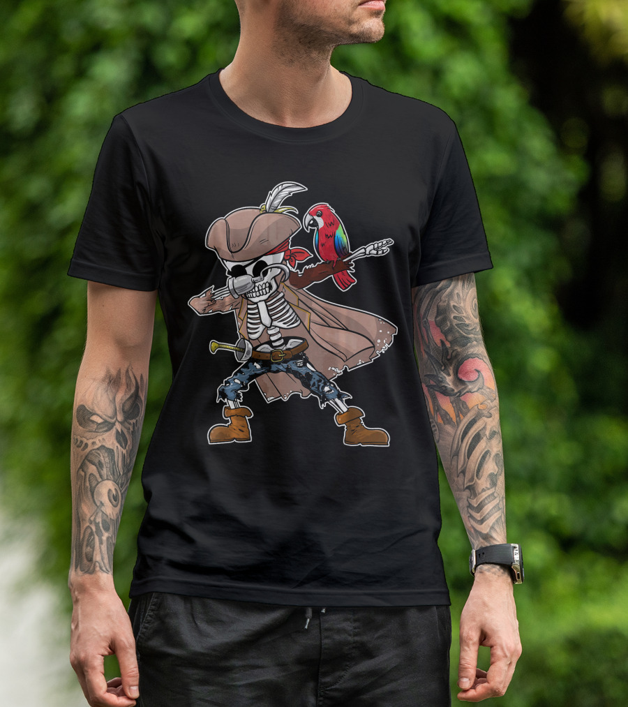 Skeleton Pirate Dabbing With Parrot And Sword T-Shirt