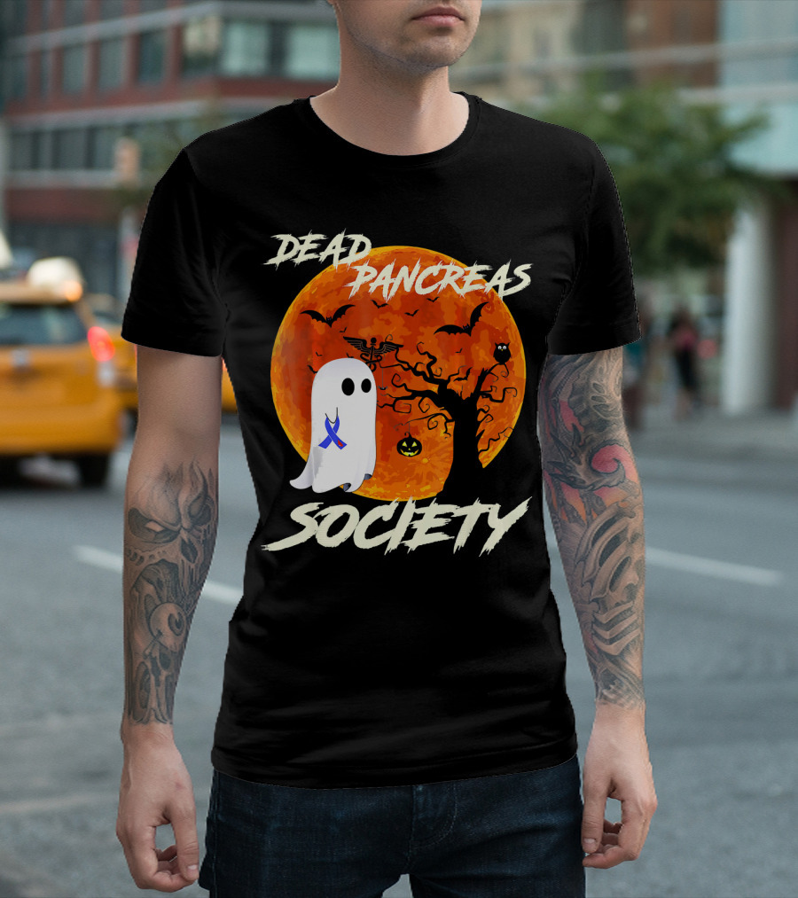 Dead Pancreas Society Ghost Halloween Moon Bats Pumpkin T-Shirt