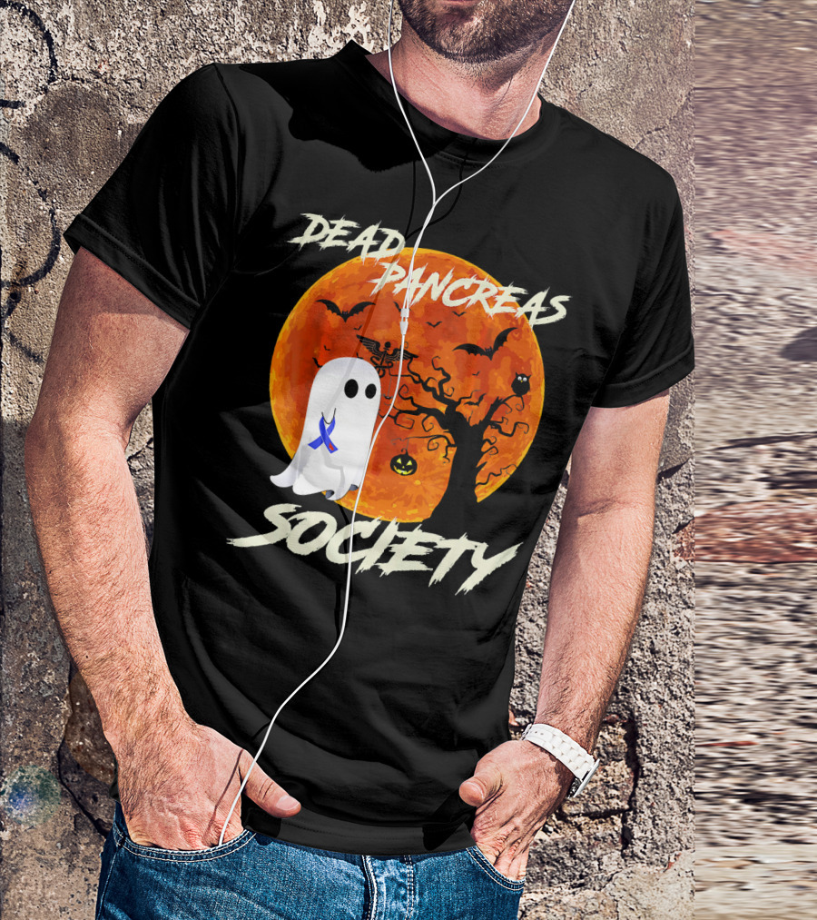 Dead Pancreas Society Ghost Halloween Moon Bats Pumpkin T-Shirt