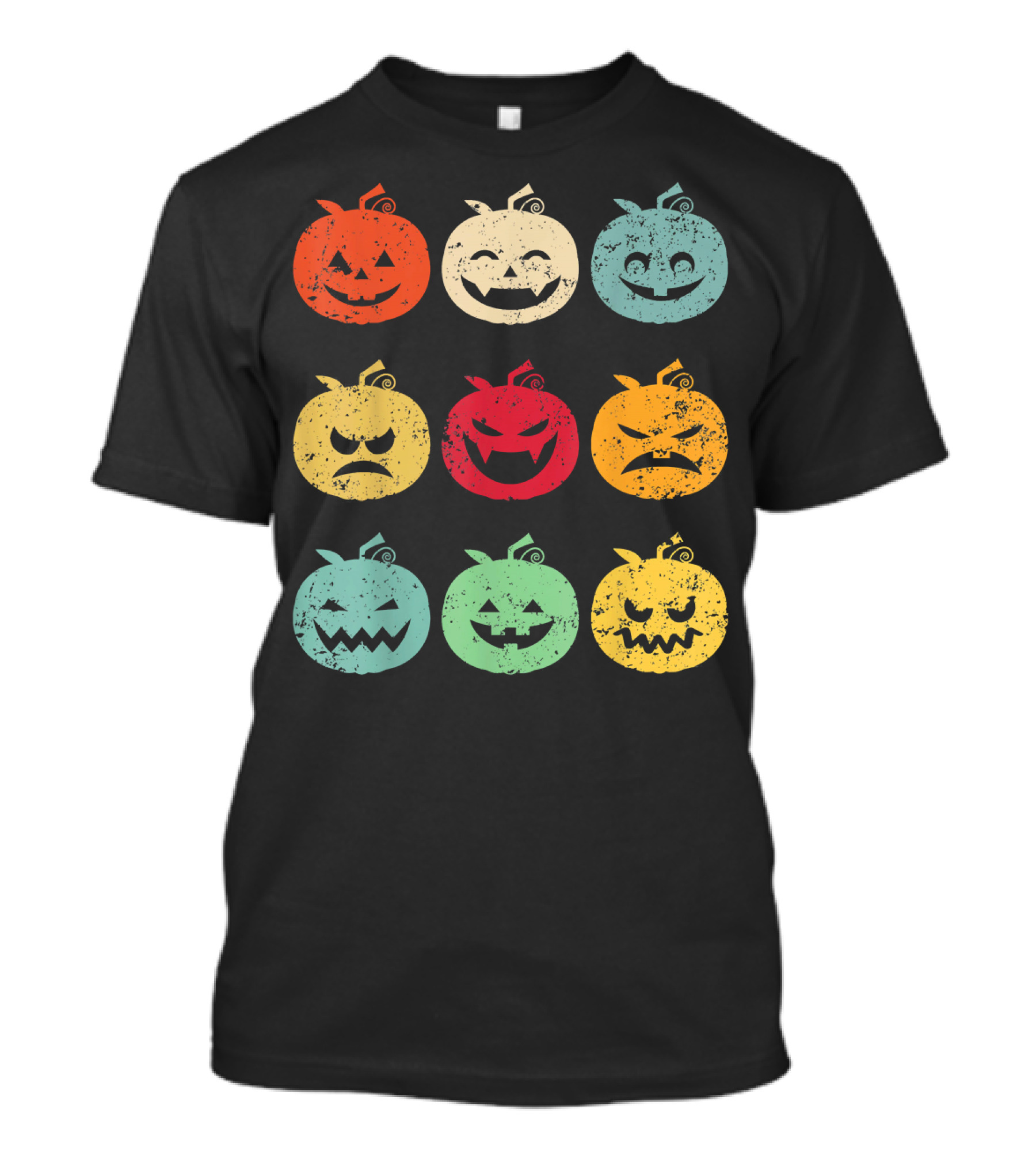 Vintage Pumpkin Emoji Halloween Faces In Nine Colorful Expressions T-Shirt