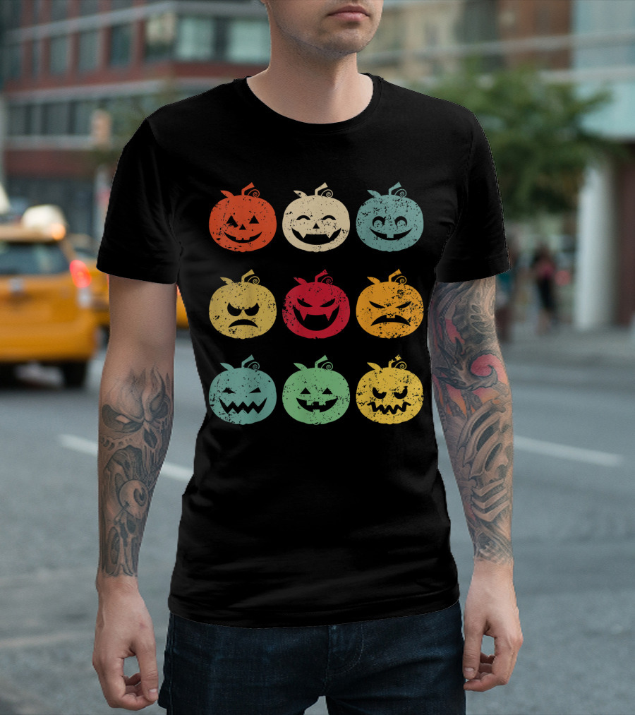 Vintage Pumpkin Emoji Halloween Faces in Nine Colorful Expressions T-Shirt