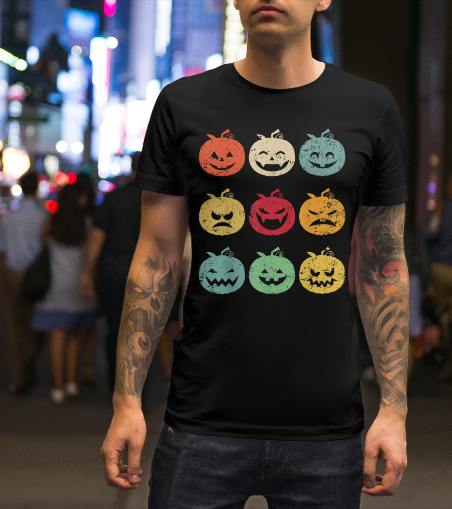 Vintage Pumpkin Emoji Halloween Faces In Nine Colorful Expressions T-Shirt