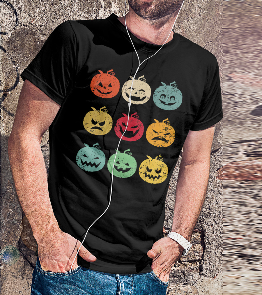 Vintage Pumpkin Emoji Halloween Faces In Nine Colorful Expressions T-Shirt