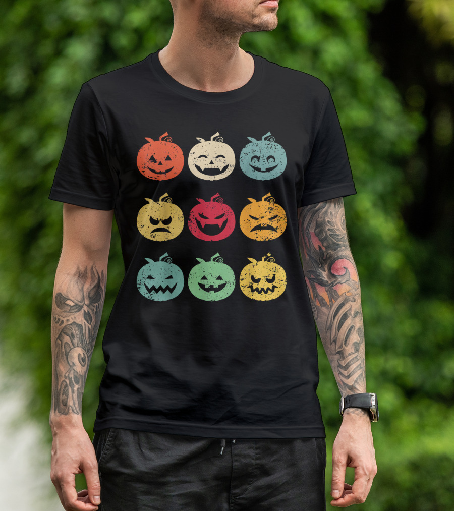 Vintage Pumpkin Emoji Halloween Faces In Nine Colorful Expressions T-Shirt