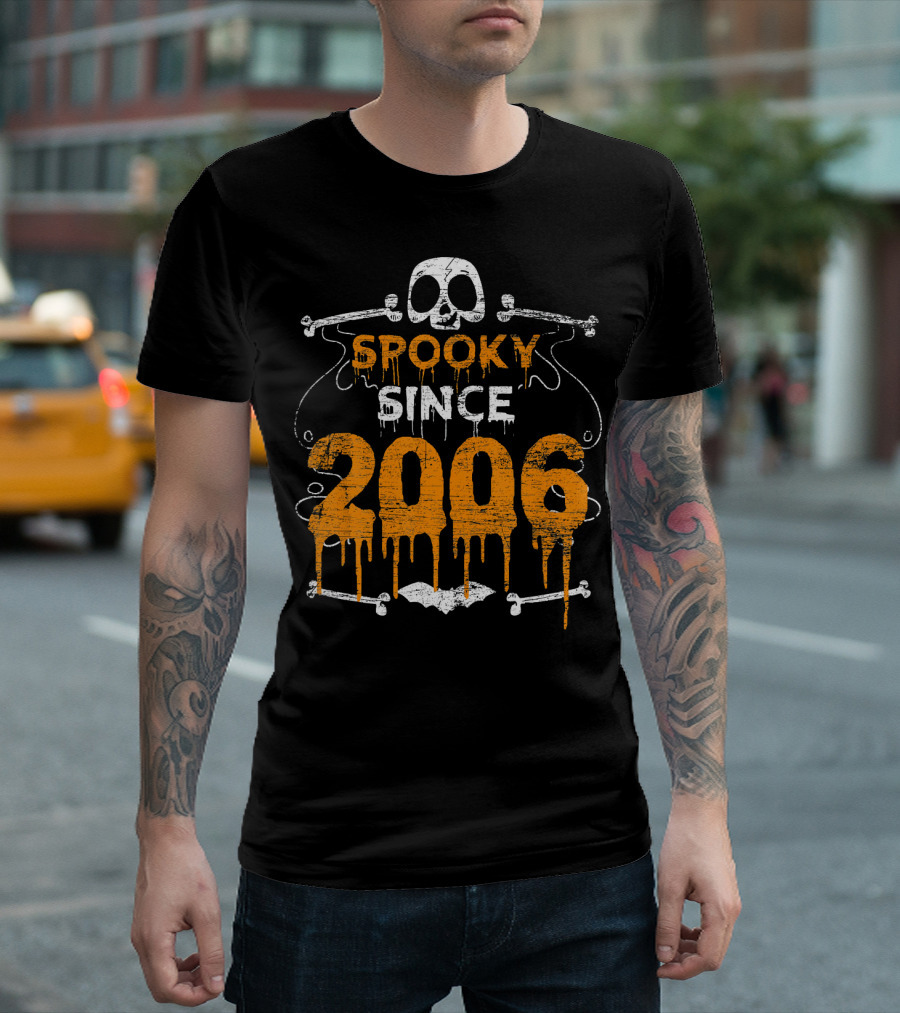 Spooky Since 2006 Halloween Bday Skull and Bones Dripping Text T-Shirt