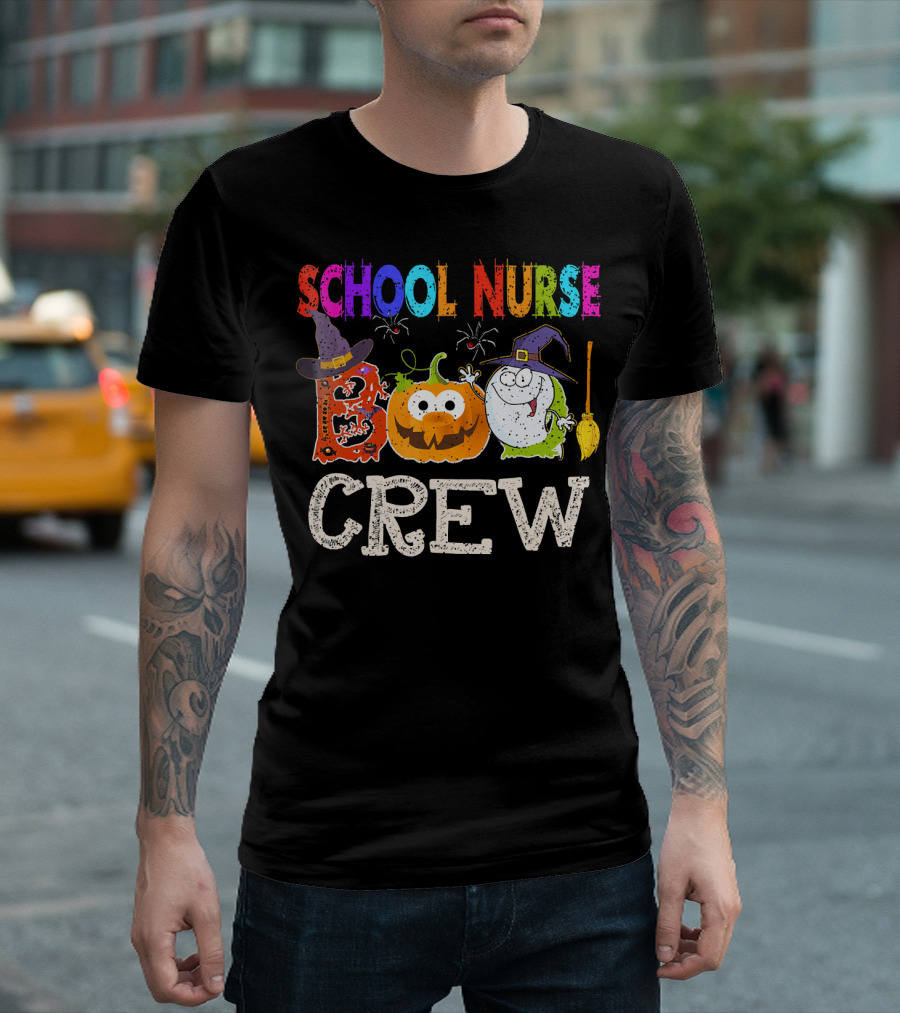 School Nurse Boo Crew Halloween Pumpkin Ghost Witches Hat Broom T-Shirt