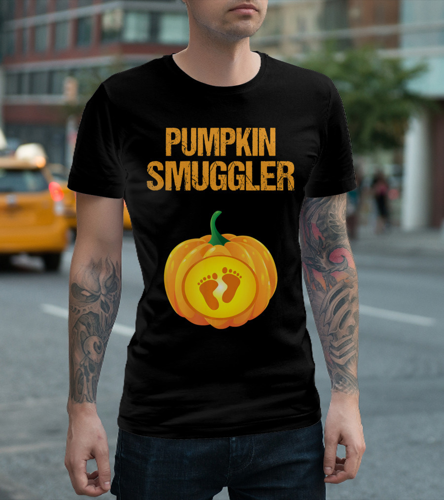 Pumpkin Smuggler Pregnancy Announcement with Baby Footprints T-Shirt