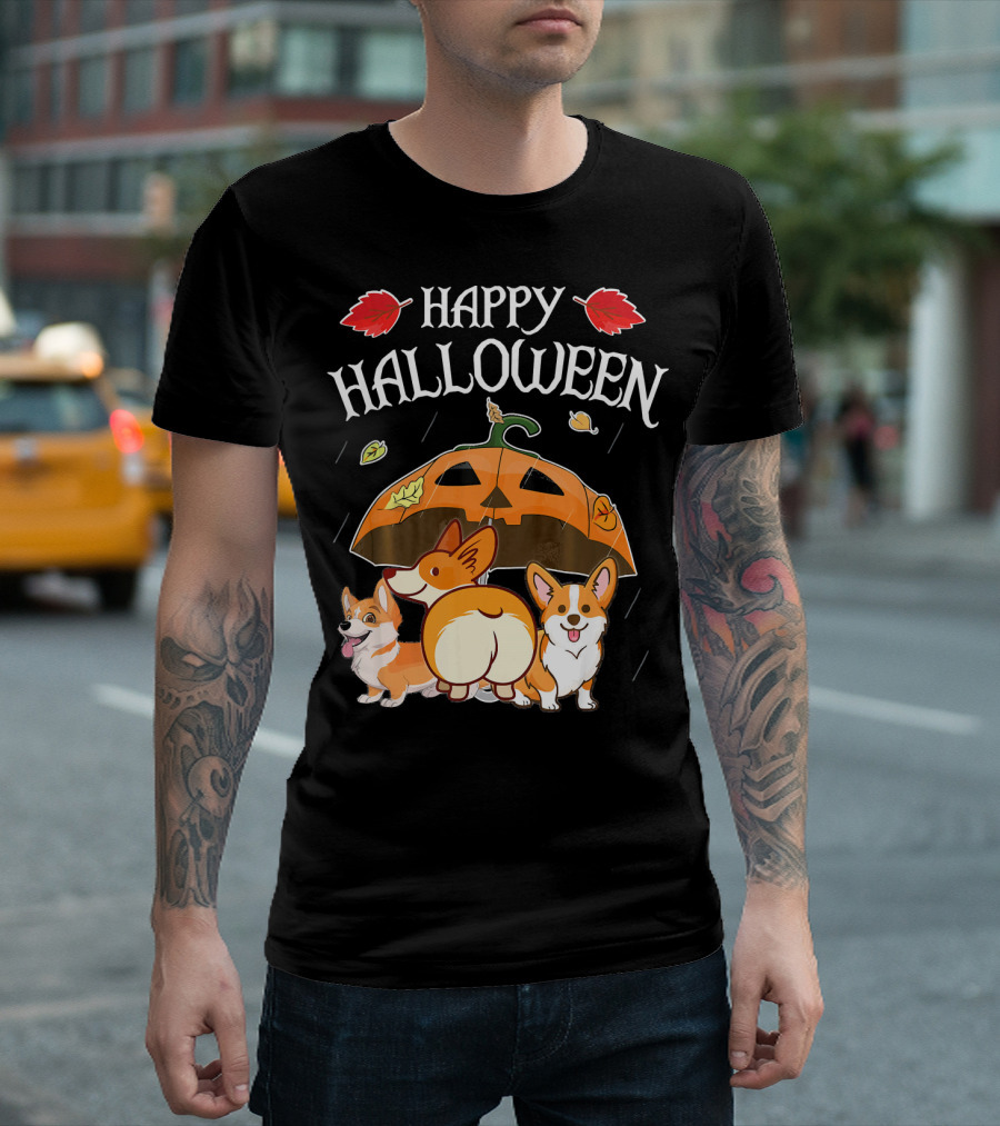 Happy Halloween Welsh Corgis Pumpkin Umbrella Rain T-Shirt