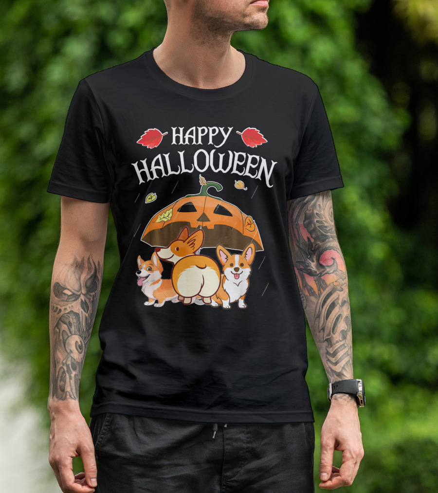Happy Halloween Welsh Corgis Pumpkin Umbrella Rain T-Shirt