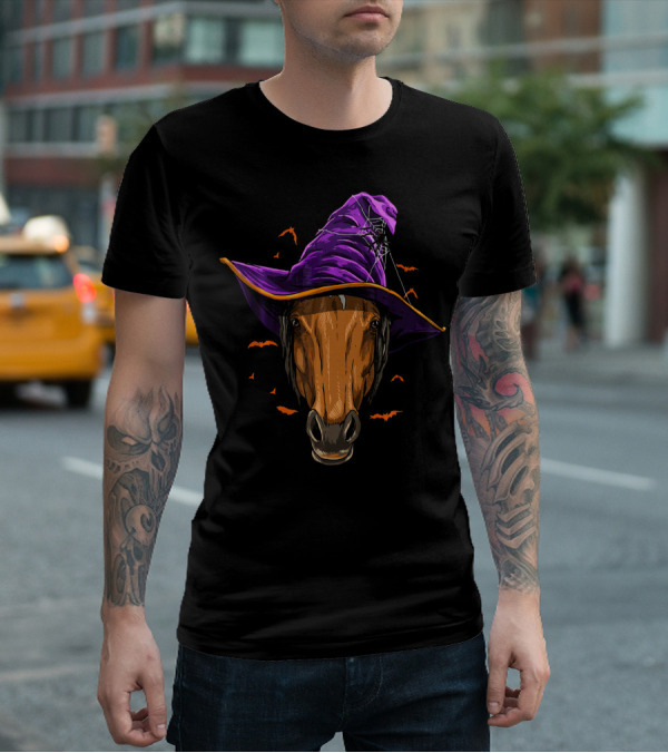Horse With Purple Witch Hat Surrounded By Bats And Spider Web T-Shirt