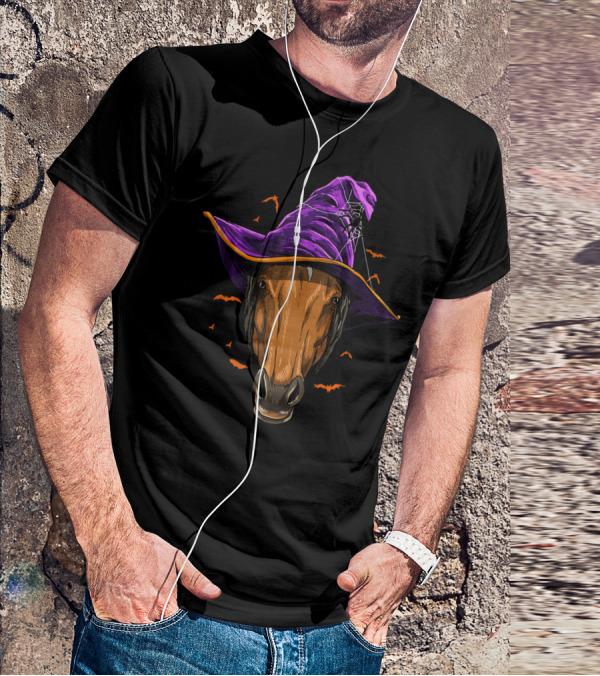 Horse With Purple Witch Hat Surrounded By Bats And Spider Web T-Shirt