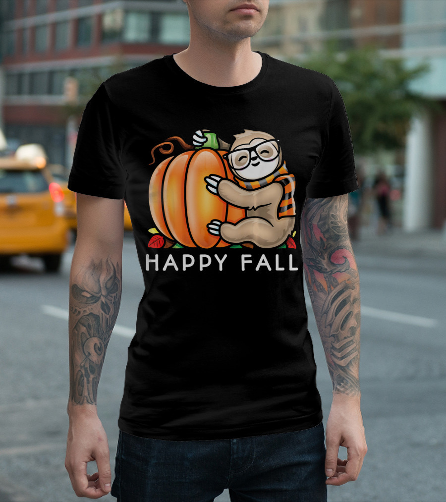 Happy Fall Cute Sloth Glasses Scarf Pumpkin Hug T-Shirt