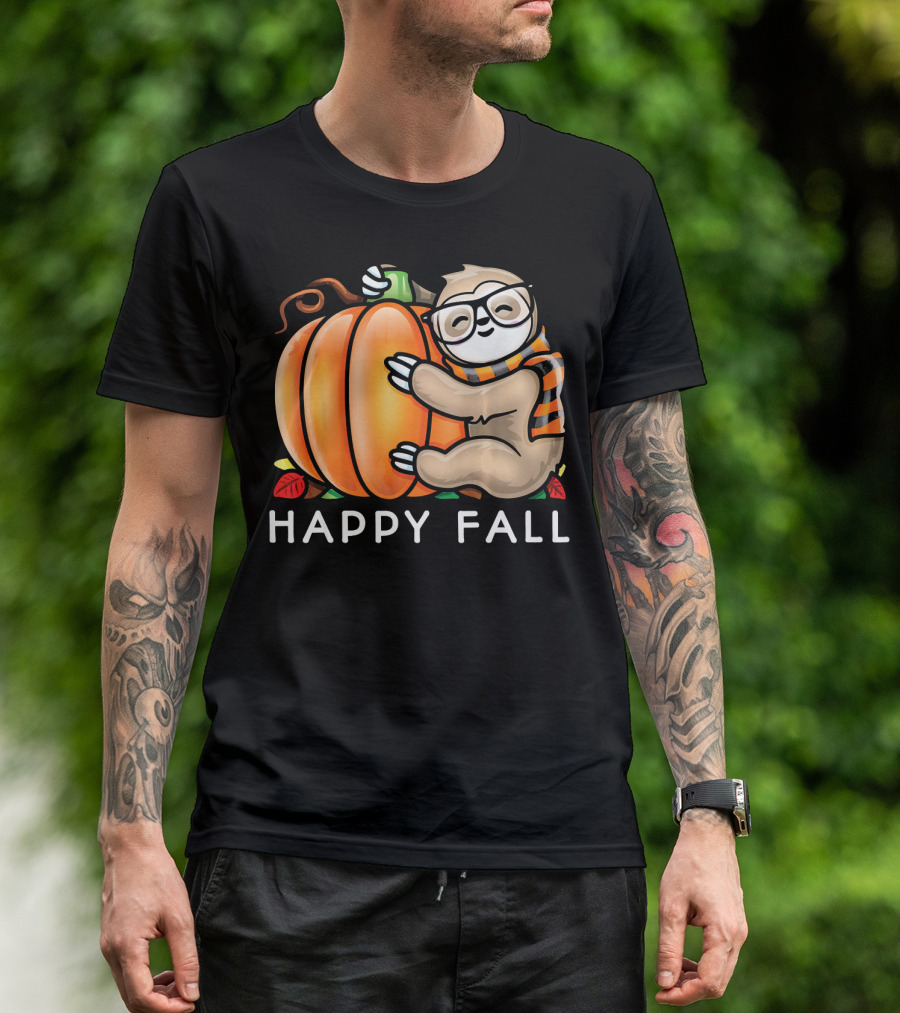 Happy Fall Cute Sloth Glasses Scarf Pumpkin Hug T-Shirt