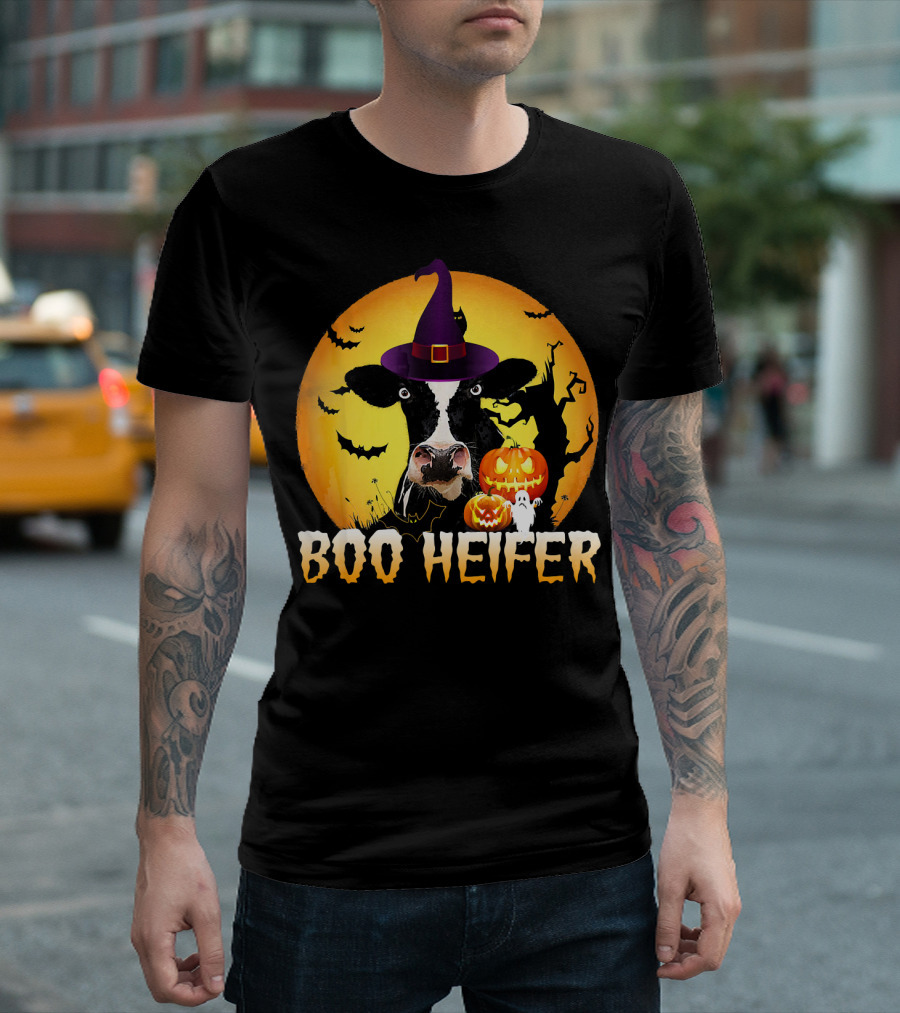 Boo Heifer Witch Hat Cow Halloween Moon Pumpkins Ghost T-Shirt