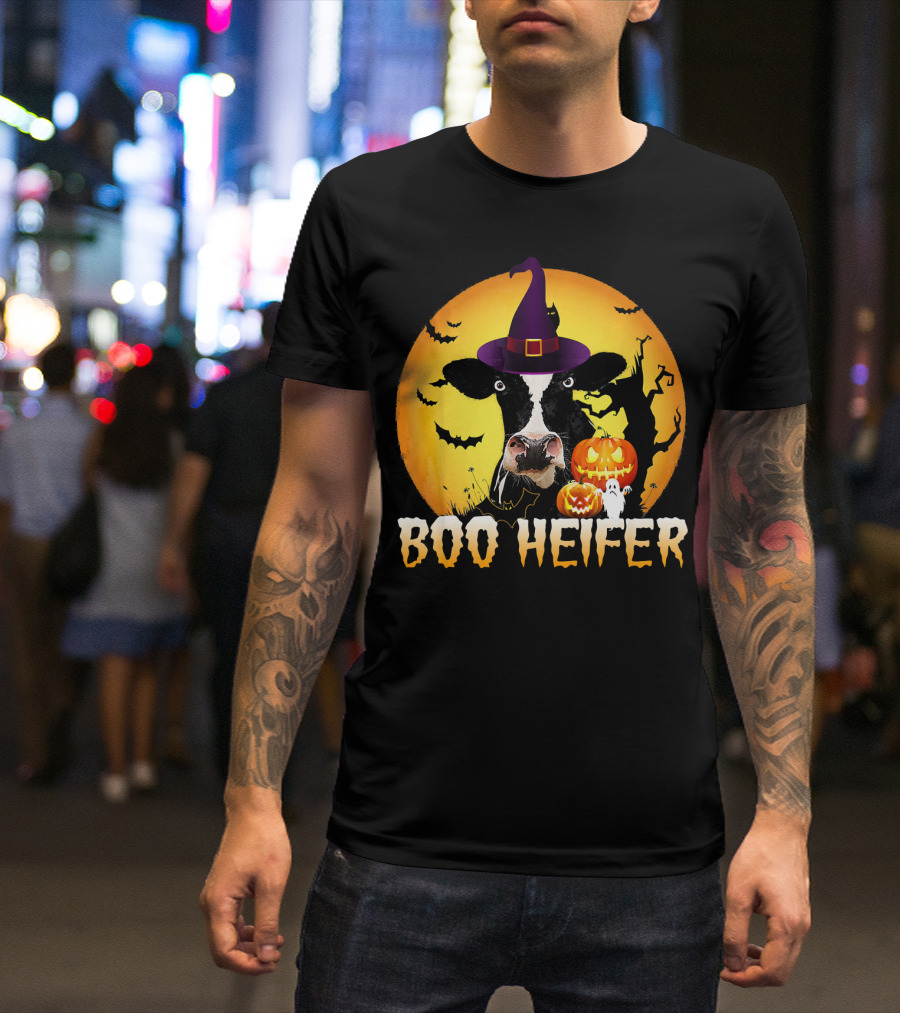 Boo Heifer Witch Hat Cow Halloween Moon Pumpkins Ghost T-Shirt