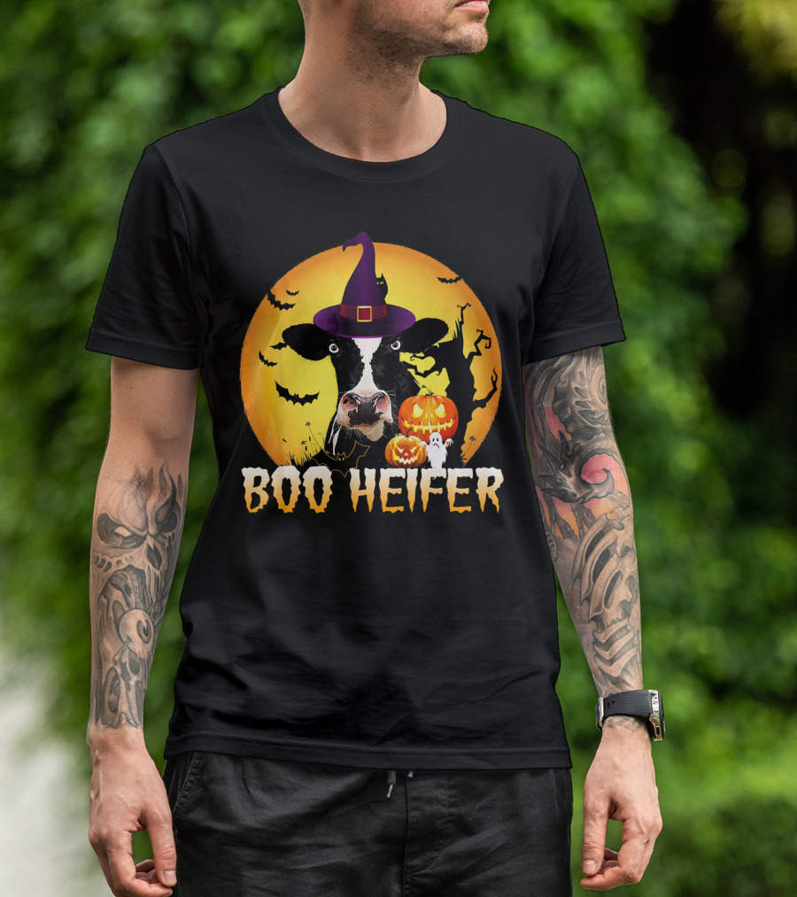 Boo Heifer Witch Hat Cow Halloween Moon Pumpkins Ghost T-Shirt