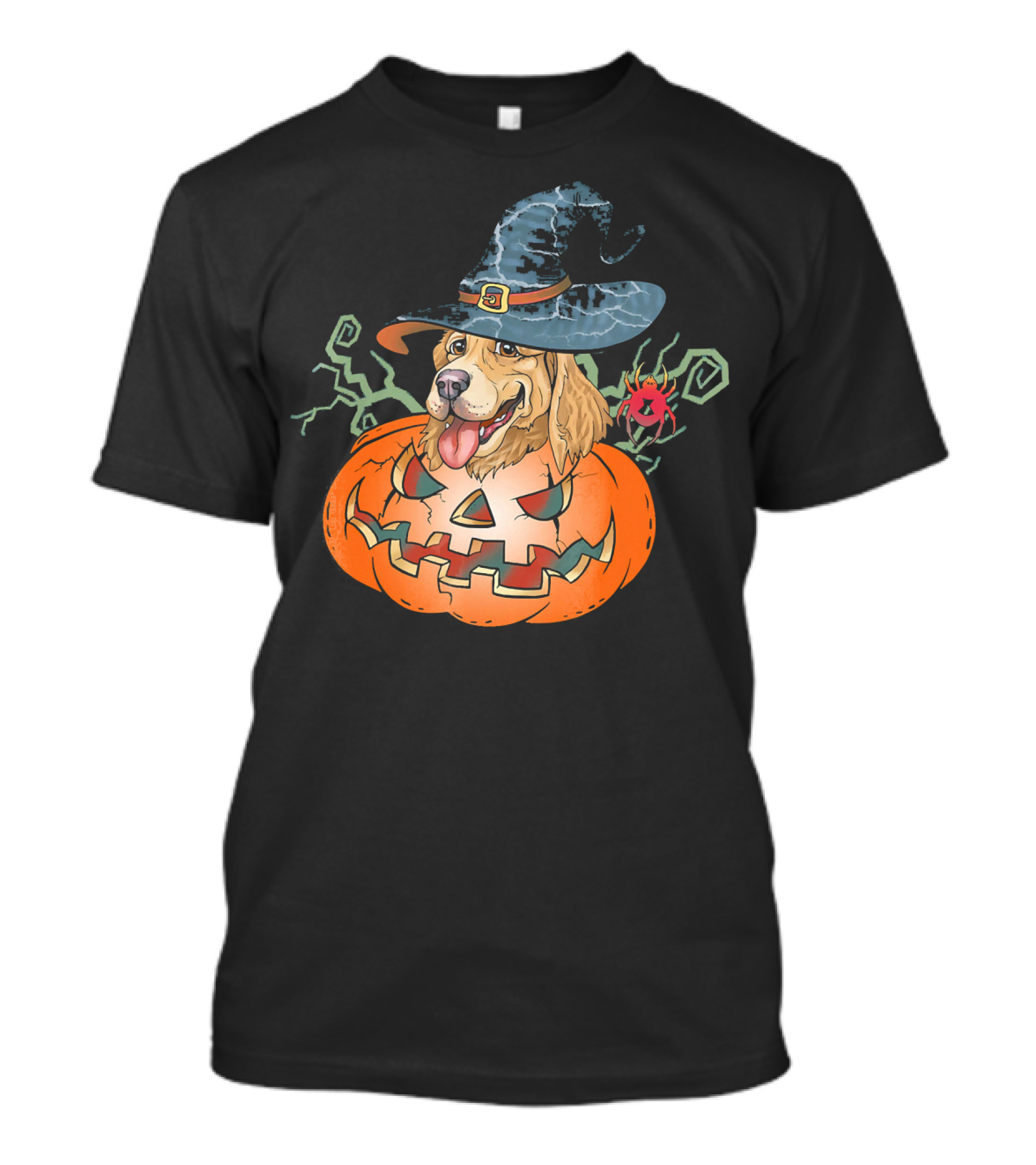 Halloween Golden Retriever Dog Lover Pumpkin Wizard Hat And Spider T-Shirt
