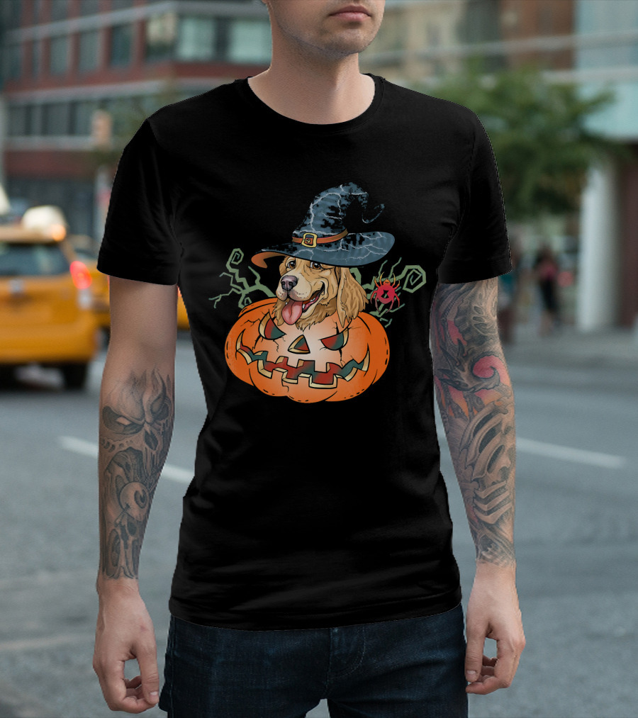 Halloween Golden Retriever Dog Lover Pumpkin Wizard Hat and Spider T-Shirt