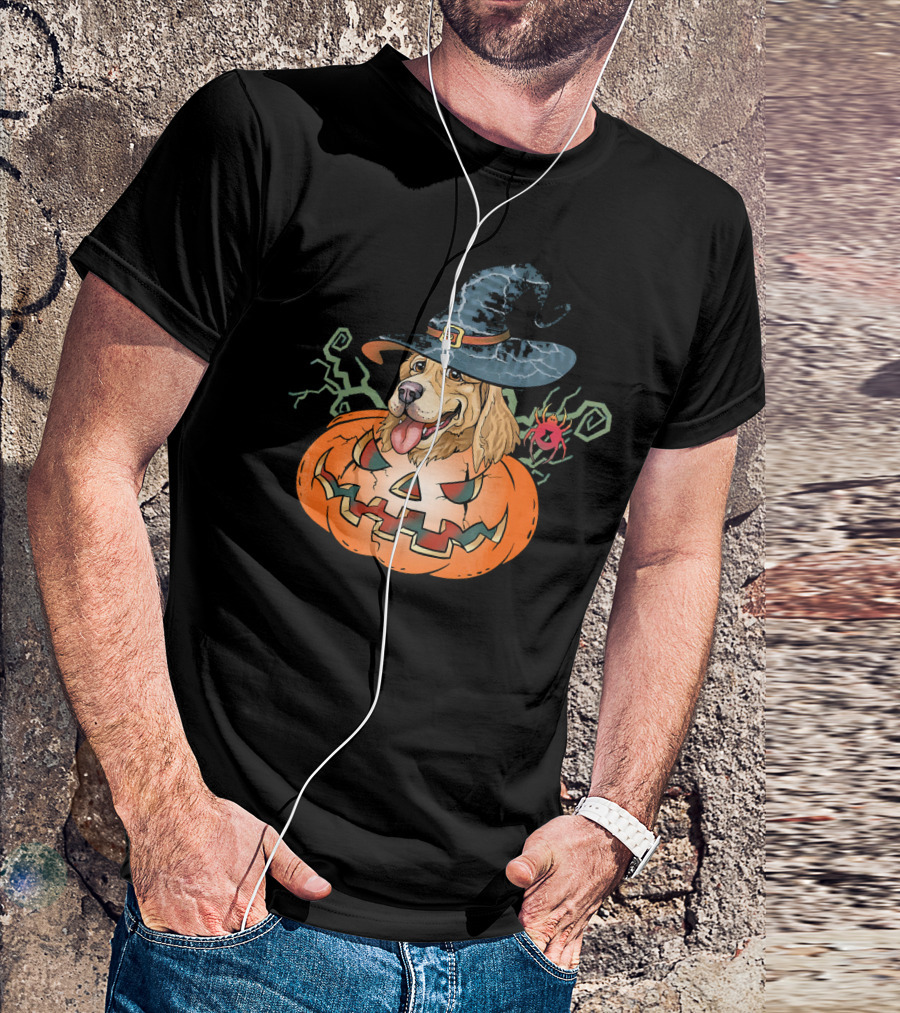 Halloween Golden Retriever Dog Lover Pumpkin Wizard Hat And Spider T-Shirt