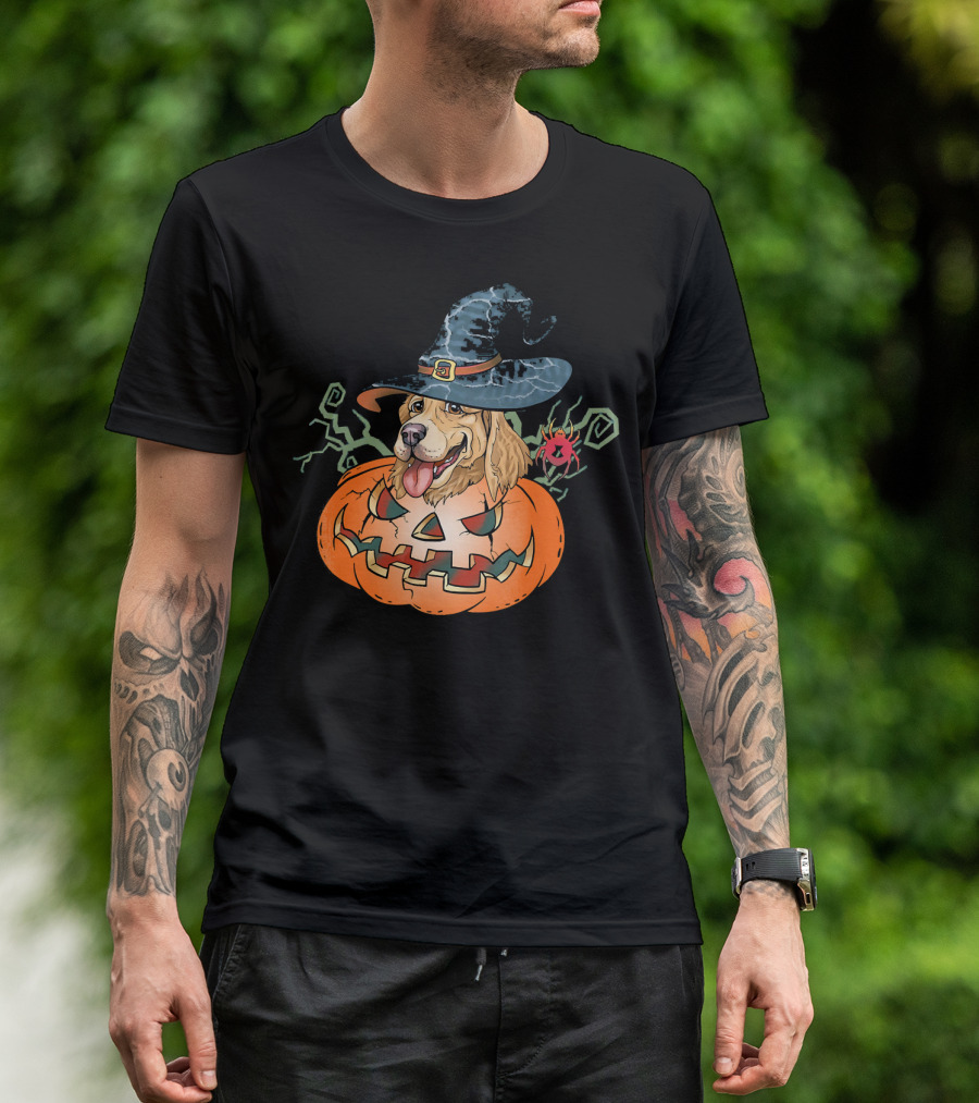 Halloween Golden Retriever Dog Lover Pumpkin Wizard Hat And Spider T-Shirt