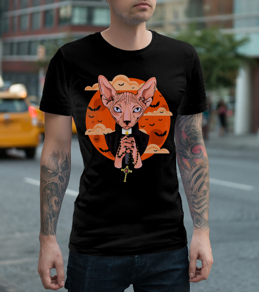 Funny Sphynx Priest With Rosary And Bats Hall T-Shirt