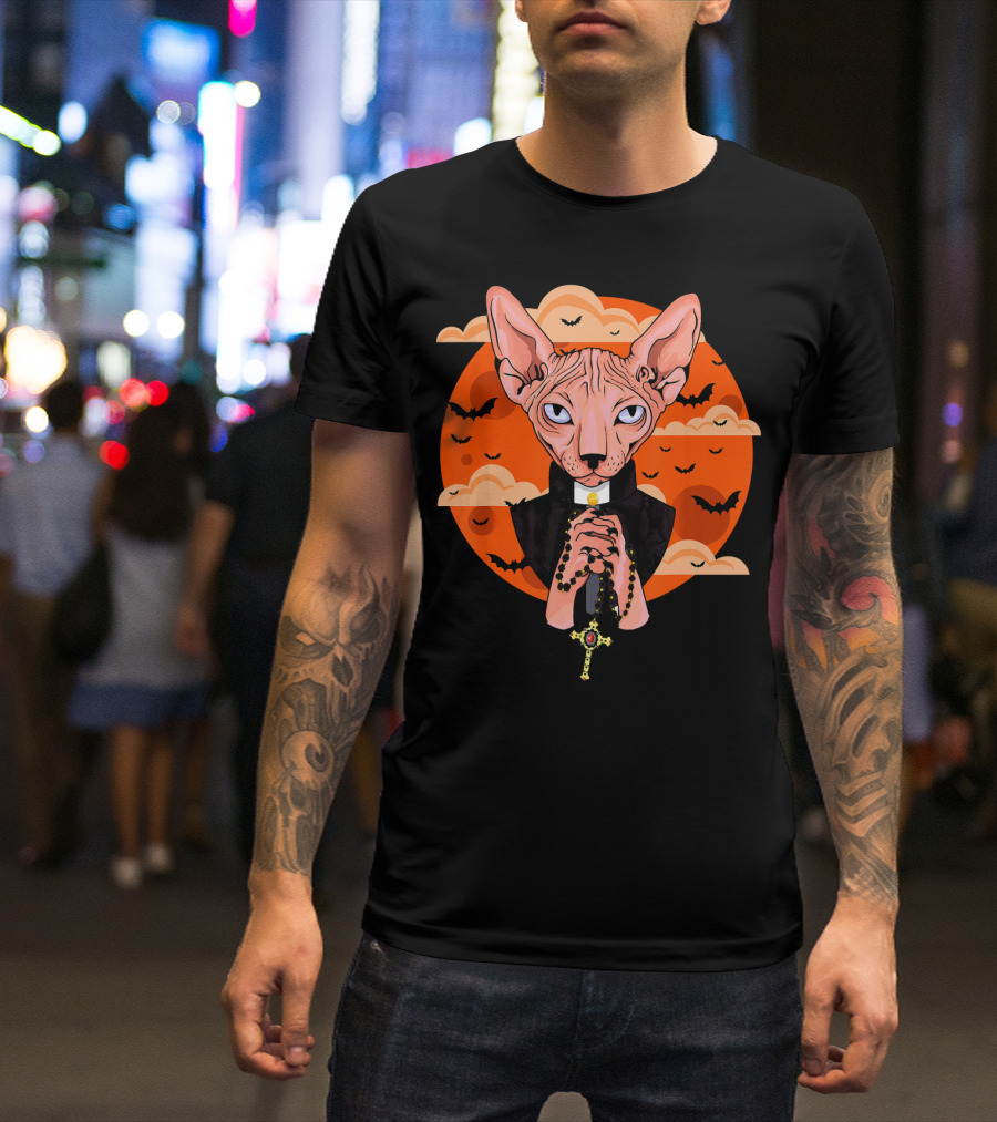 Funny Sphynx Priest With Rosary And Bats Hall T-Shirt