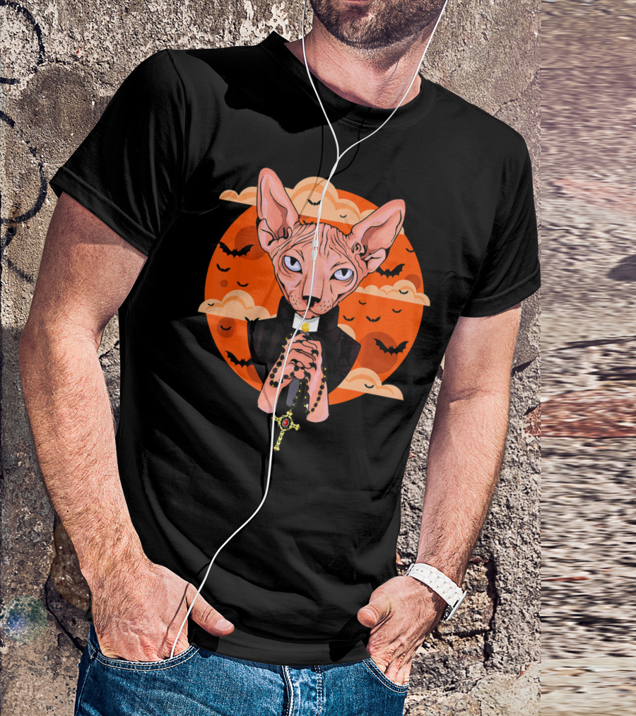 Funny Sphynx Priest With Rosary And Bats Hall T-Shirt