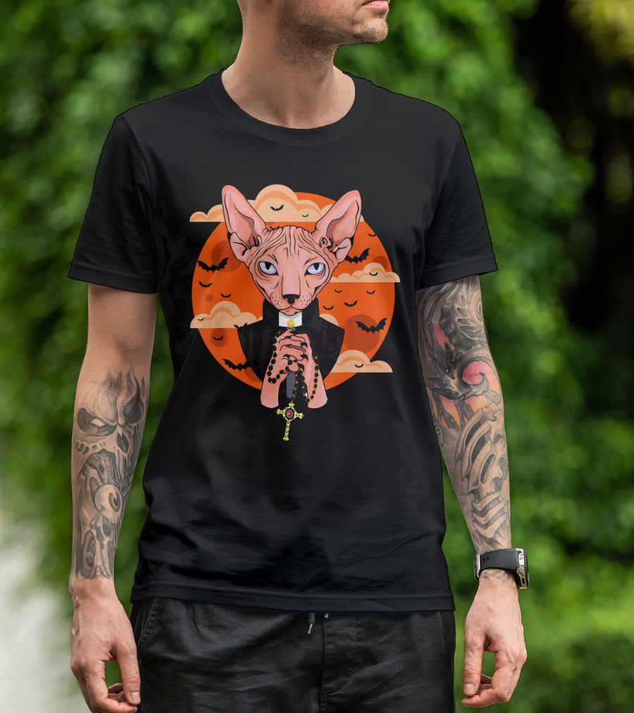 Funny Sphynx Priest With Rosary And Bats Hall T-Shirt