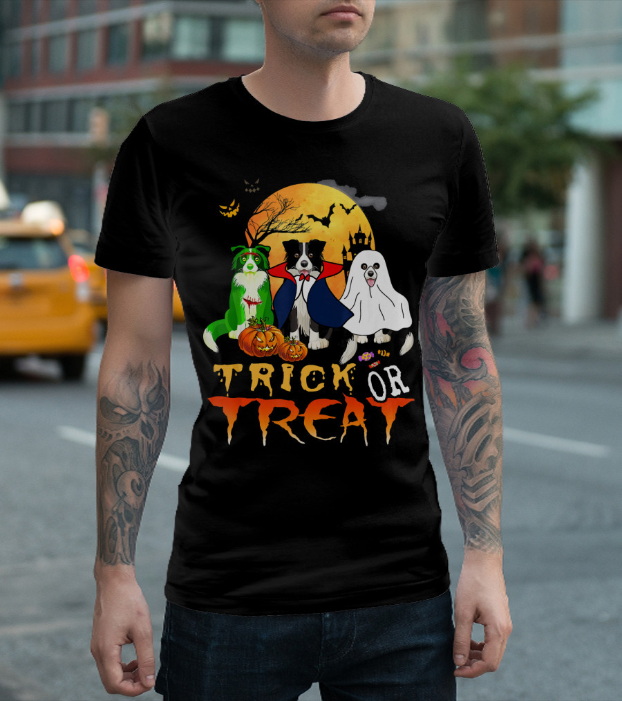 Trick Or Treat Halloween Border Collie Costumes Pumpkins Haunted Moon T-Shirt